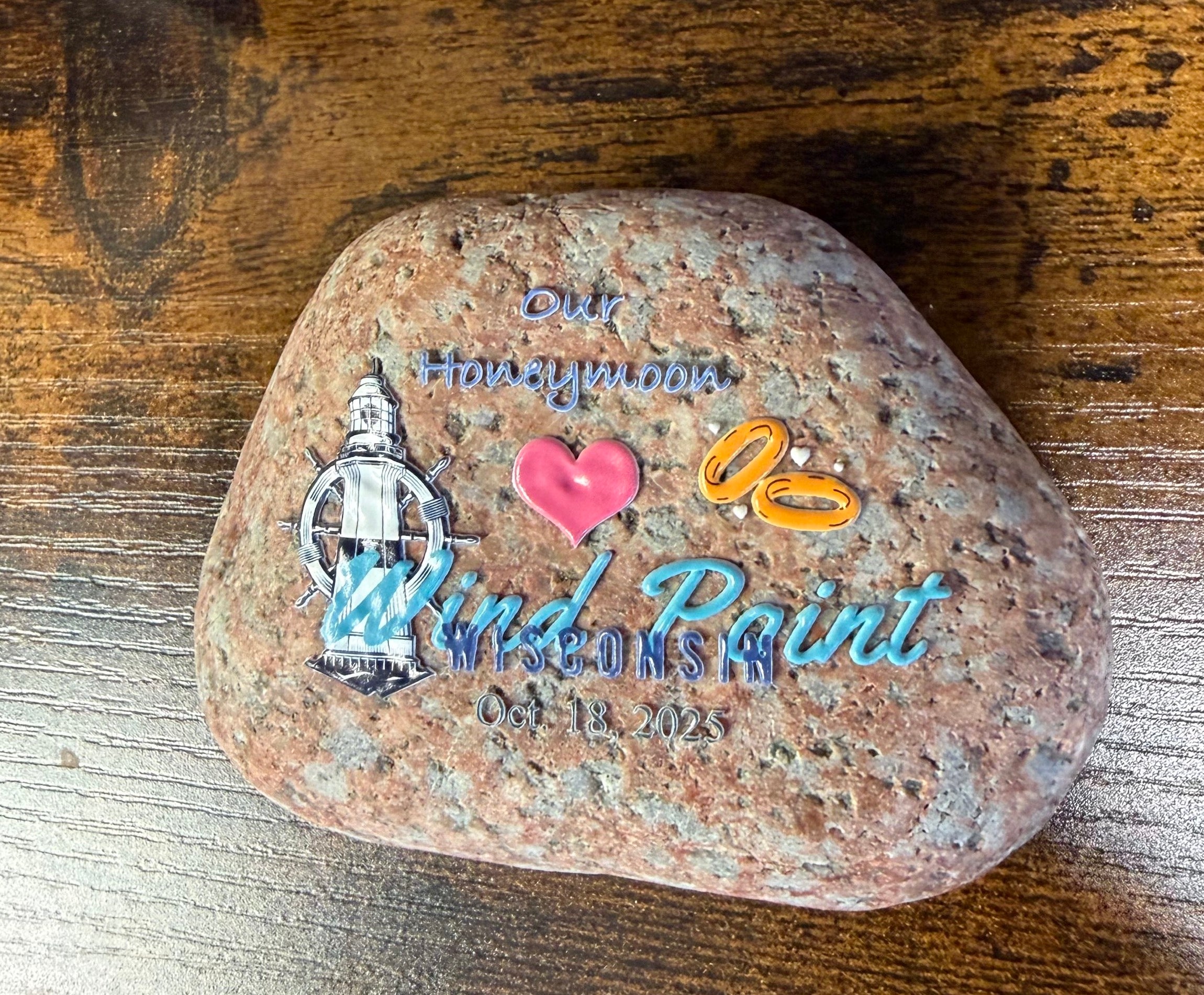 Custom UV printed honeymoon memory rock made by Heartland Craft LLC