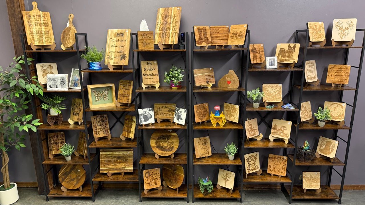 Laser engraved gifts and wood keepsakes on display at Heartland Craft LLC
