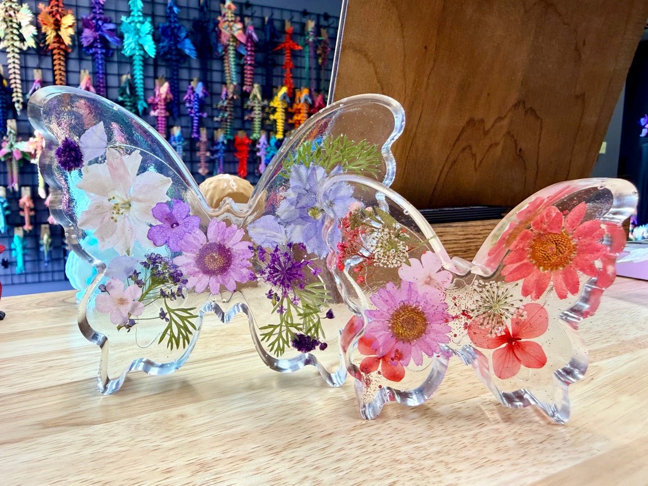 Clear resin butterfly keepsakes with dried flowers